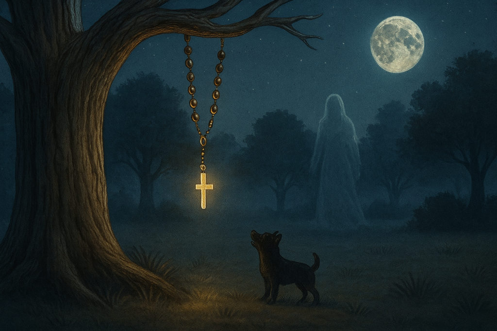 Imagen de rosario colgado de un árbol a la luz de la luna con una presencia fantasmagórica